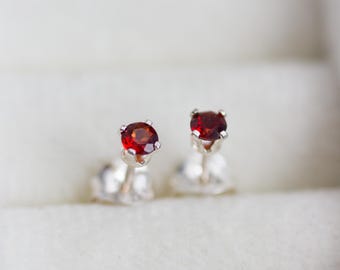 Tiny Garnet stud earrings, 3mm, sterling silver or gold