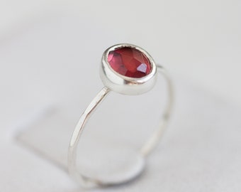 Garnet ring - stackable ring with oval Rhodolite Garnet gemstone, sterling silver, 9k gold