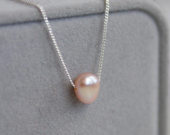 Keshi pearl necklace, sterling silver necklace with a pink pearl bead