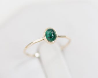 Natural emerald ring - skinny stackable ring with oval emerald cabochon