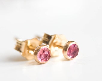 Pink Tourmaline stud earrings, October Birthstone, 3mm studs,  sterling silver or gold