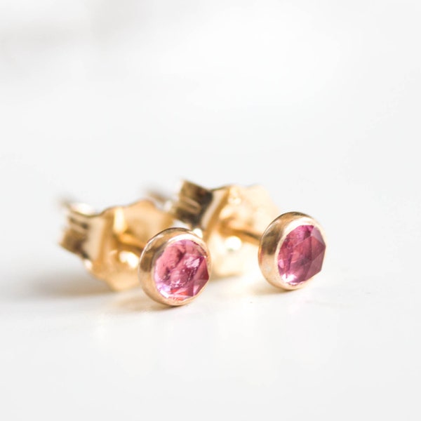 Pink Tourmaline stud earrings, October Birthstone, 3mm studs,  sterling silver or gold