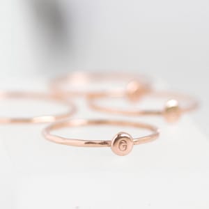 Rose gold initial ring, tiny dainty stacking ring, 9K rose gold stackable ring