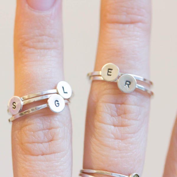 Initial ring with hand stamped capital letter - sterling silver, stackable