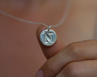 Initial necklace with a typewriter font initial, fine silver, uppercase