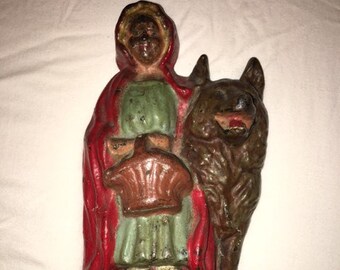 Vintage Cast Iron Little Red Riding Hood Door Stop, Some Chips, See Pics, Really Good Shape, Rare