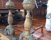 Pair Antique Cast Iron Figural Fireplace Andirons Fire Dogs