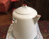 Cowboy Camp Coffee Pot Large Vtg Antique Red White Enamel Enamelware Pitcher