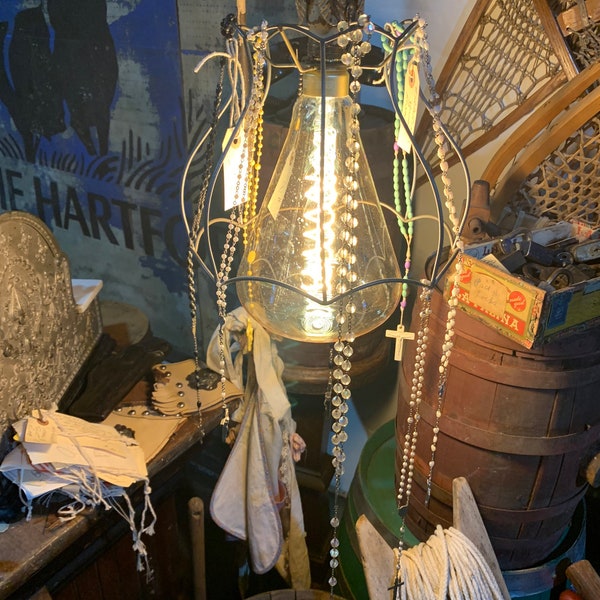 Vintage Rosary Lamp Shade, Wire Frame Lampshade with 8 hanging Rosaries, Add more to create desired look