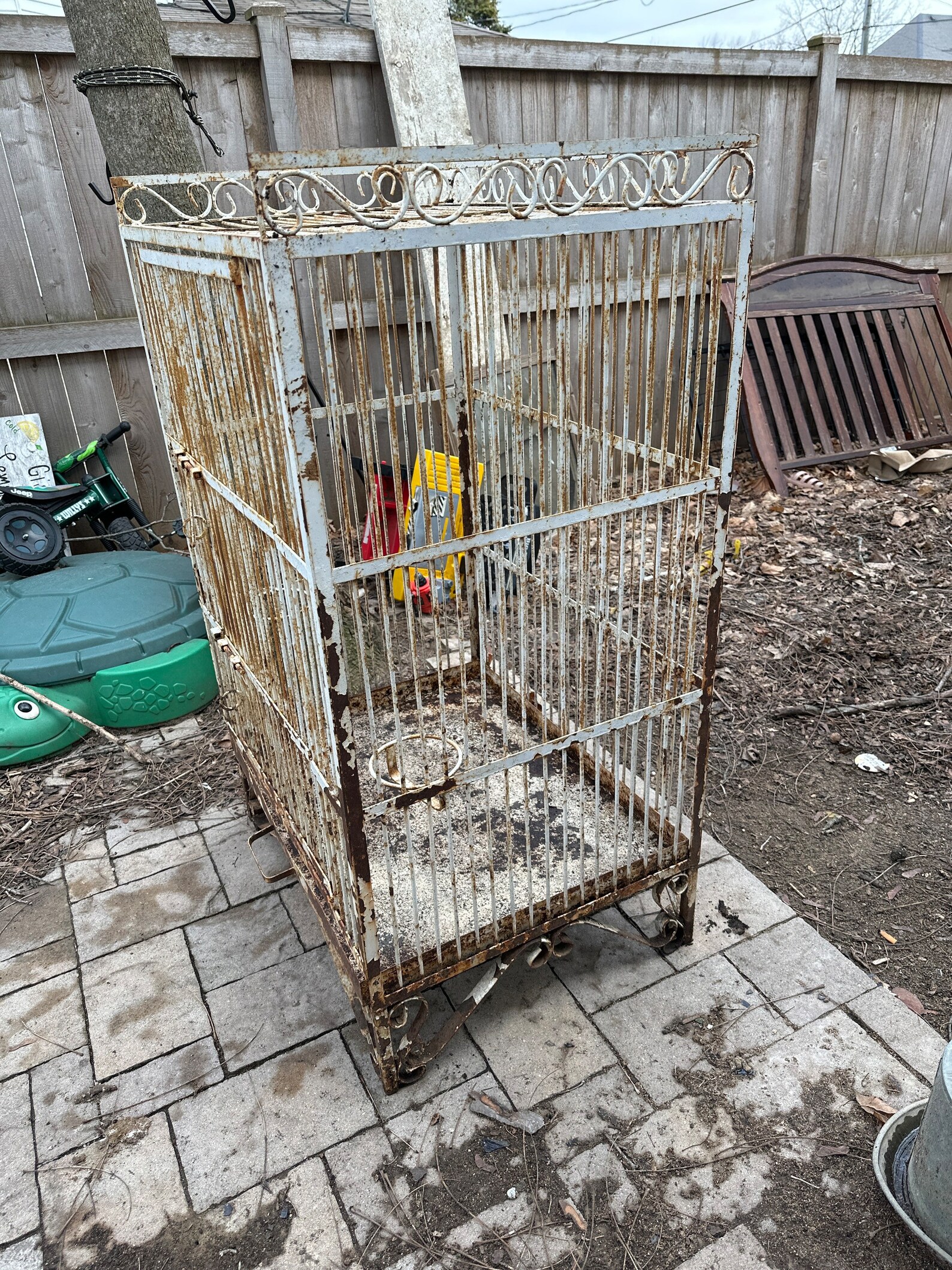Very Large Bird Cage From 1940's, Wrought Iron and Wire Mesh, Slide Out