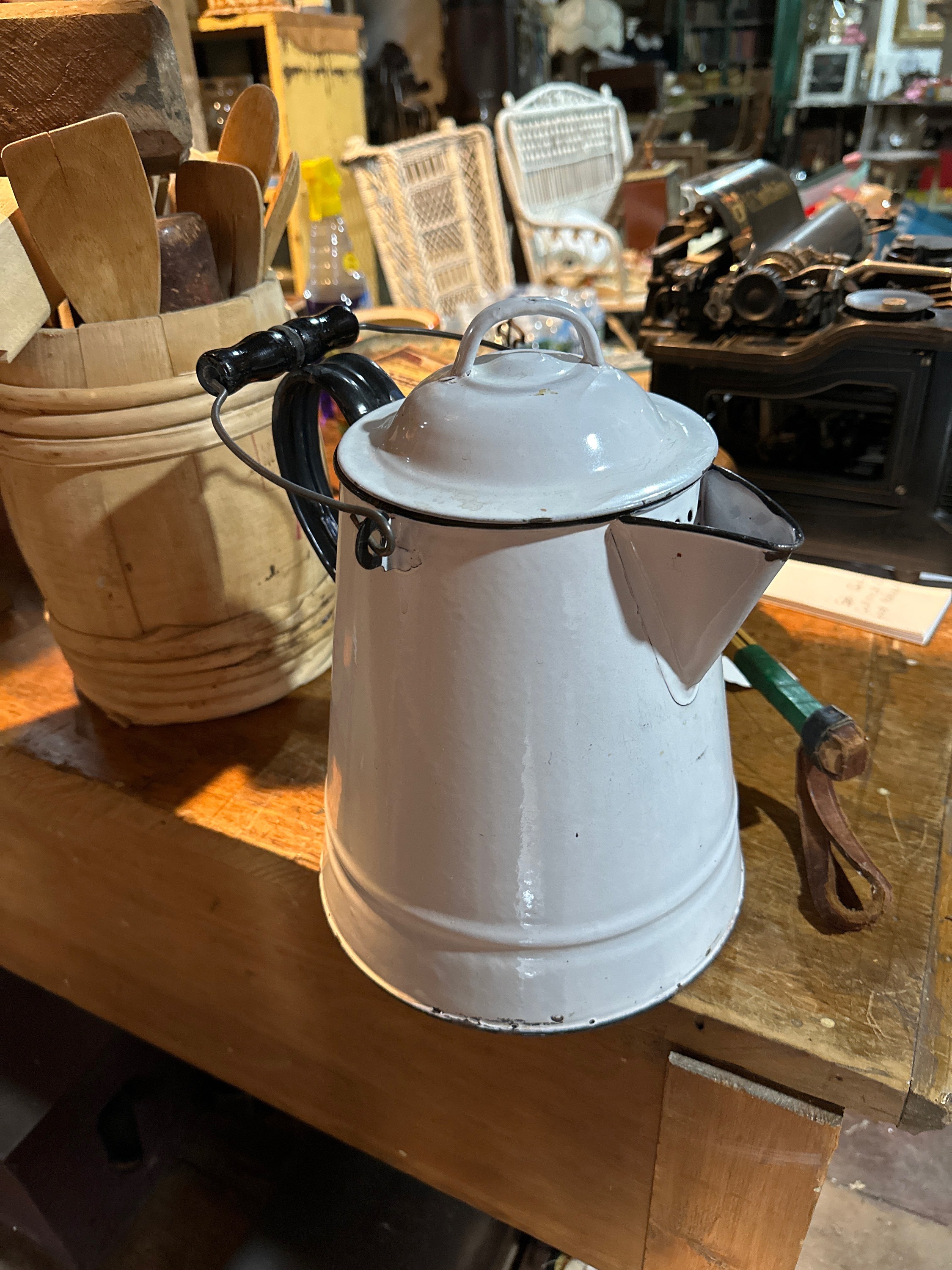 vintage camp coffee pot, storm grey enamel ware steel coffeepot