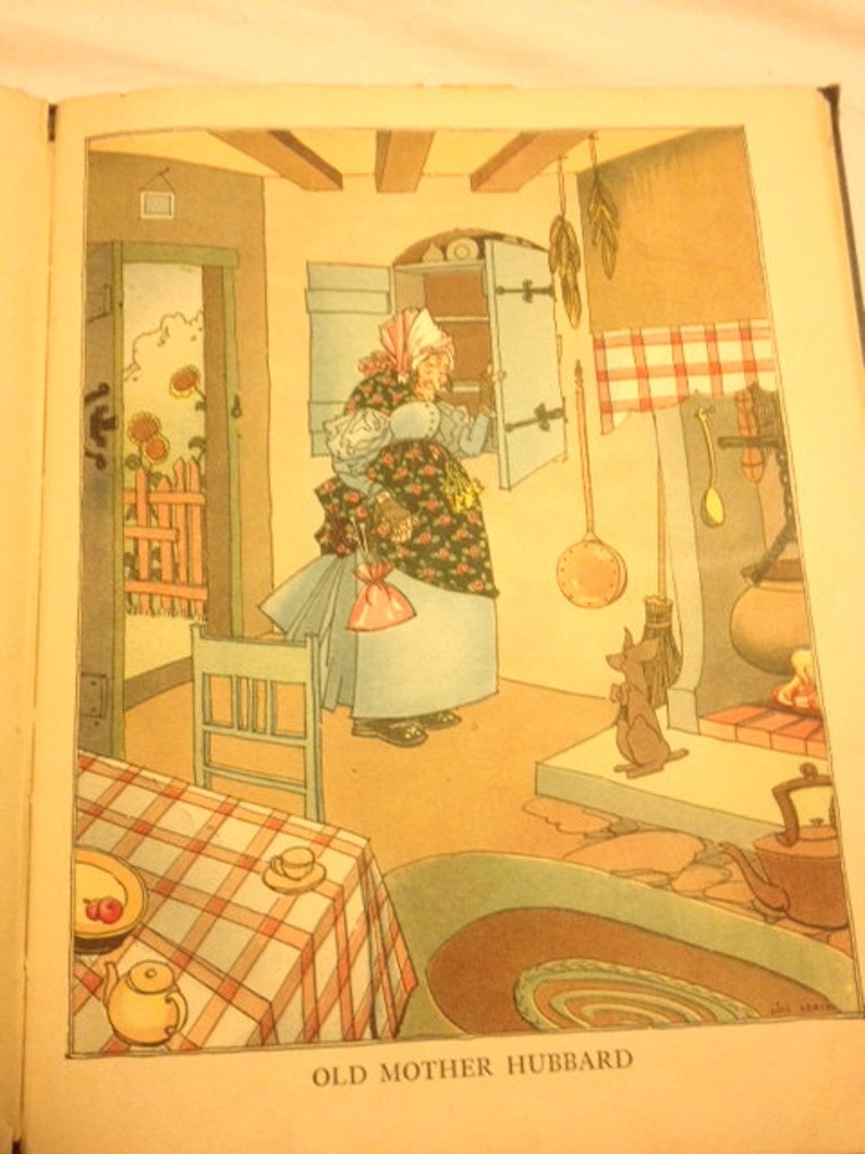 May include: An illustration of a woman in a blue and white dress standing in a kitchen. She is looking into a cabinet. There is a dog in the background. The text "Old Mother Hubbard" is at the bottom of the image.