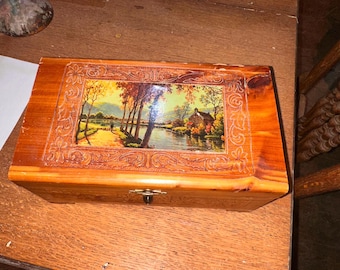 Vintage, Antique Cedar Jewelry, Keepsake Box with Mirror, Ornate With Picture of Stream and Cottage