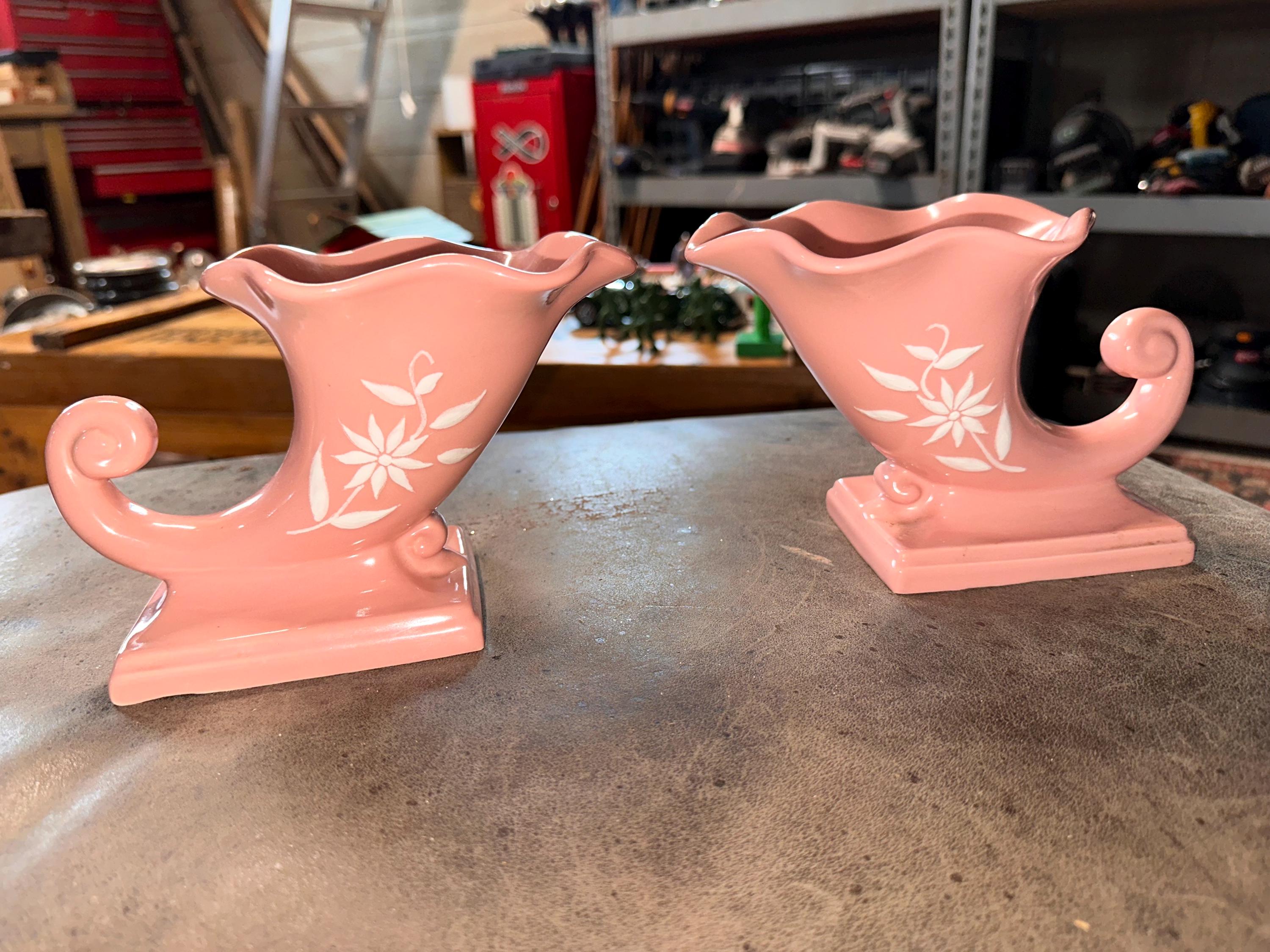 Vtg Set of Mid Century MCM Abingdon Pink With White Flowers