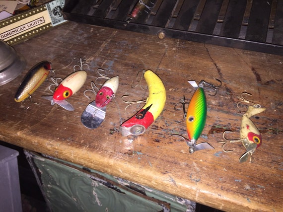 Set of 6 Antique/vintage Fishing Lures, Tackle, Gear, Freshwater,  Saltwater, Fishing, Folk Art, Handmade, Bait, Listing is for Set of Six -   Canada