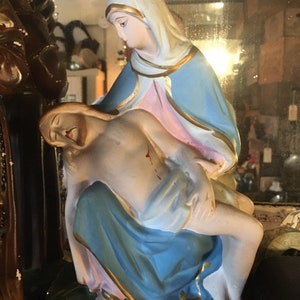 Antique Catholic Last Rites Sick Call Chalkware Statue for wall hanging unit Circa 1909