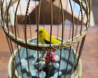 Unique Rare Animatronic German Vintage Brass Singing Yellow Bird In Cage Works & Marked, Sings Beautifully