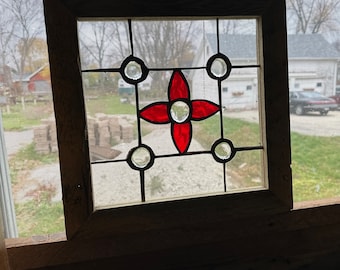 Stained Glass Window, measures approx, 14" tall x 14" wide, thick, listing is for one only