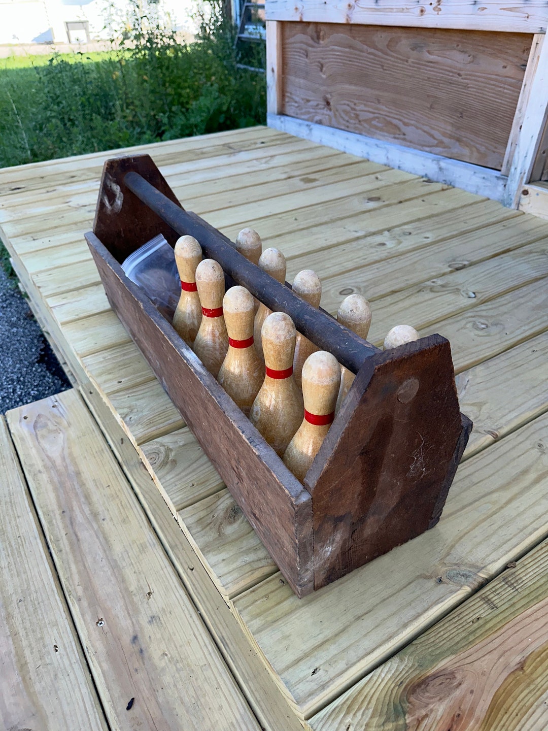Antique Bowling Game of Ten Pins With Two Wooden Balls and Pin Spacers