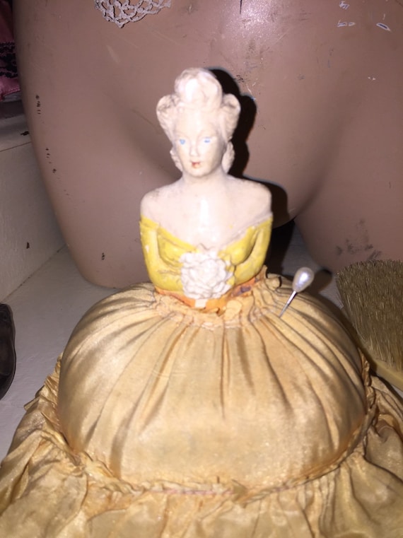 Antique Vanity Doll Pin Cushion Holder, Porcelain 