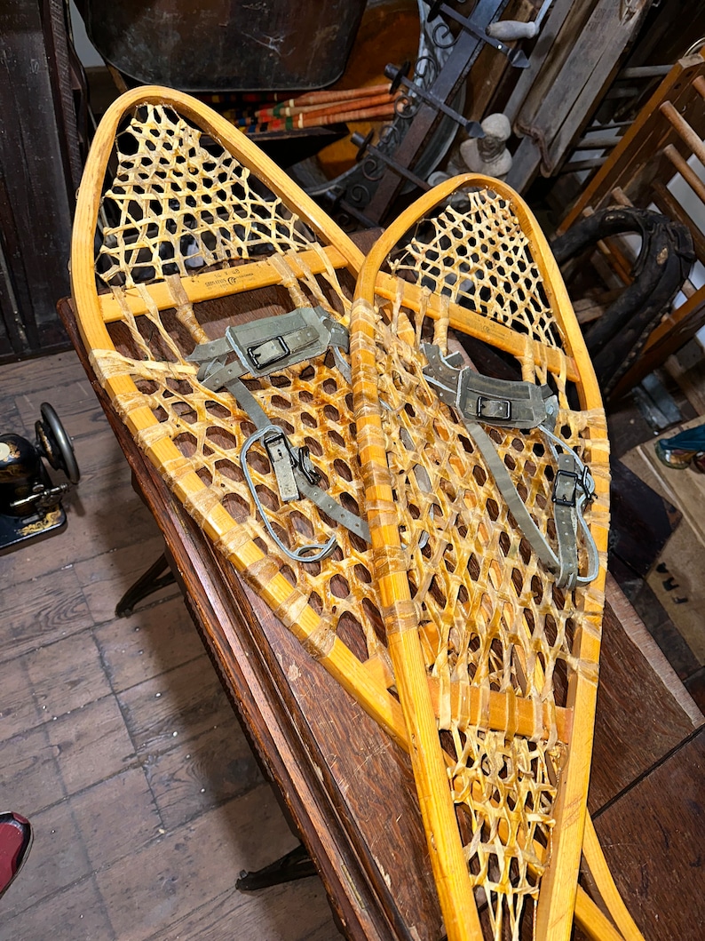 Large Antique Wooden Snowshoes, Perfect Pair, approx 48 long see shipping details in description area image 2