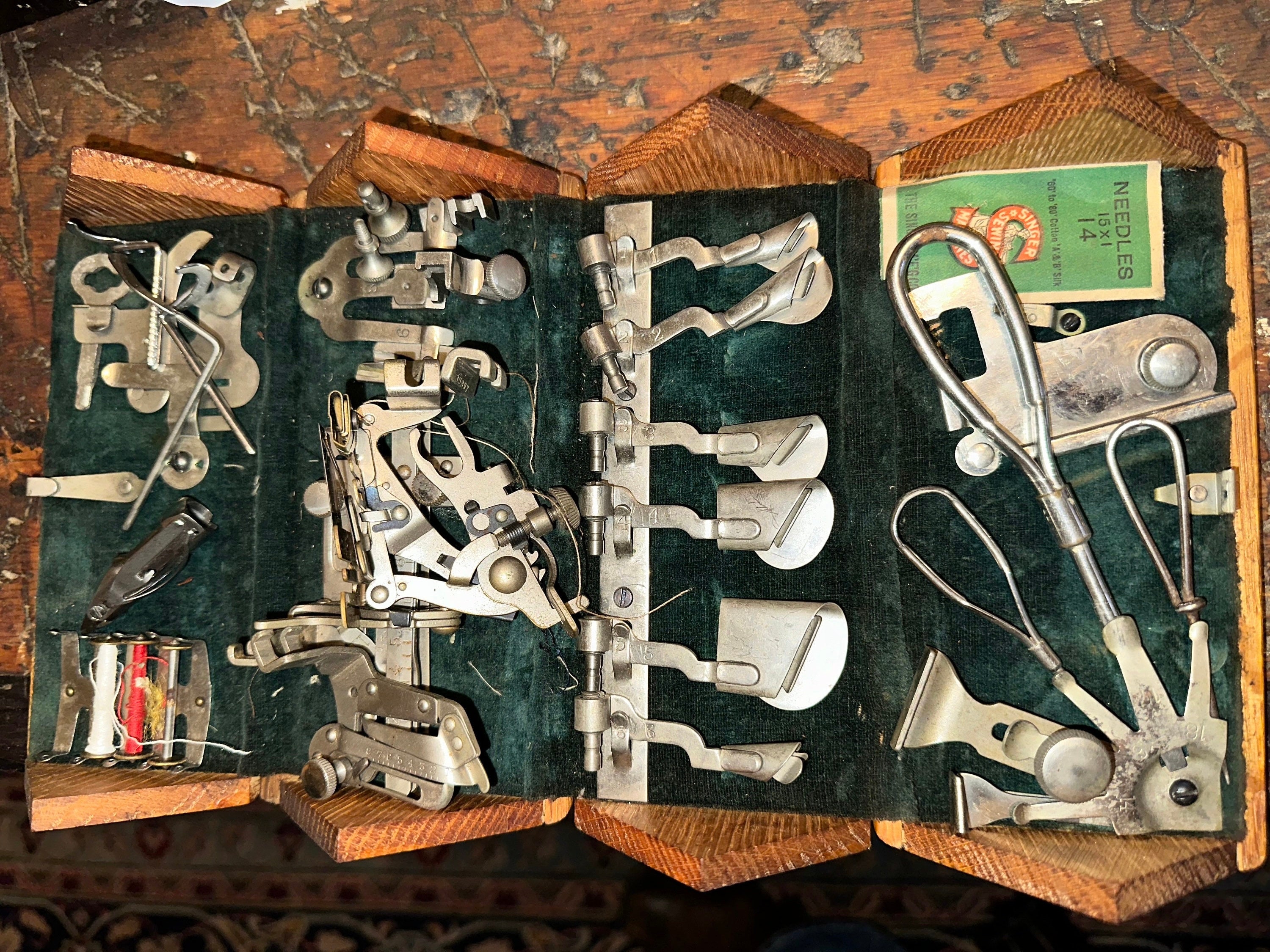 Antique Singer Puzzle Box Assorted Attachments and Bobbin