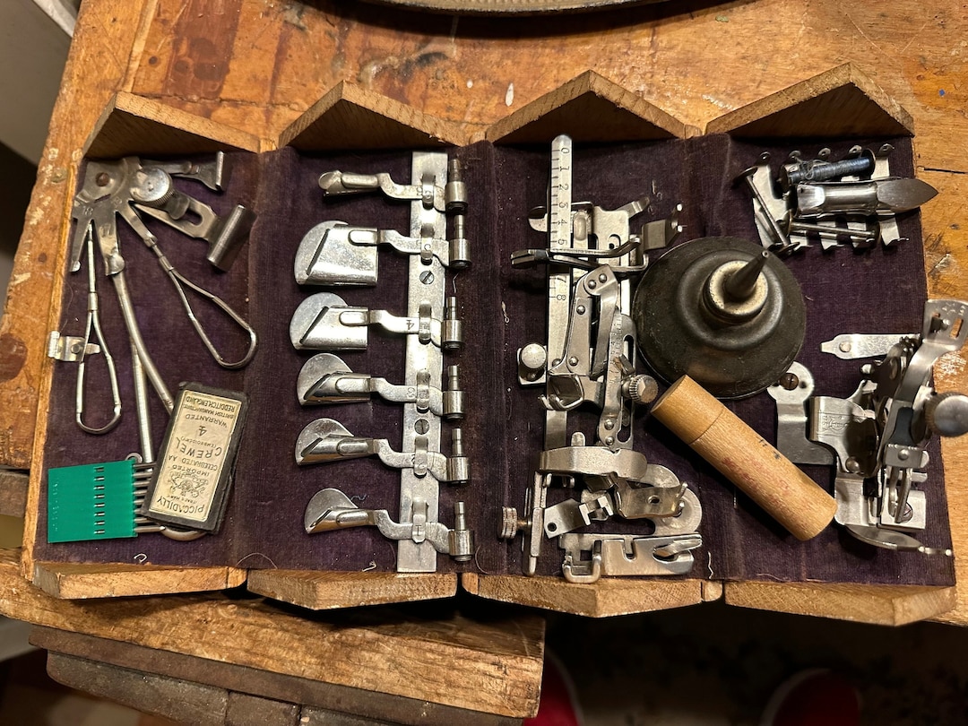 Antique Singer Puzzle Box Assorted Attachments and Bobbin