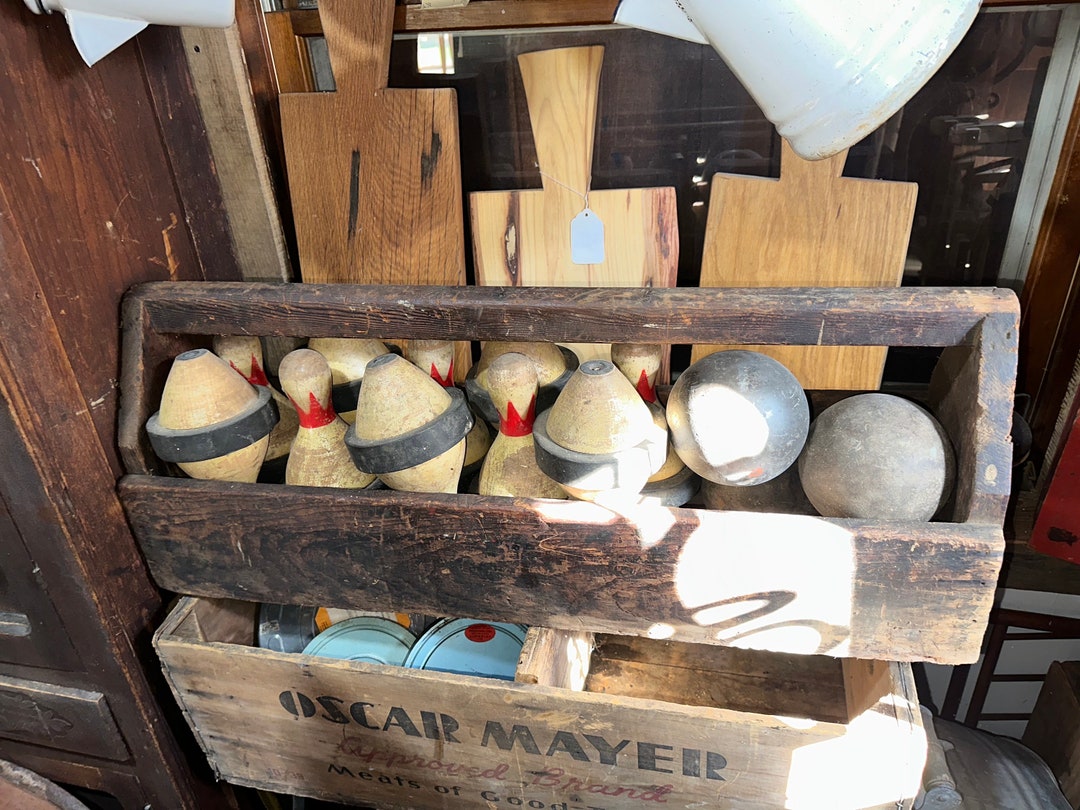 Antique Bowling Game of Ten Pins With Three Wooden Balls and Pin