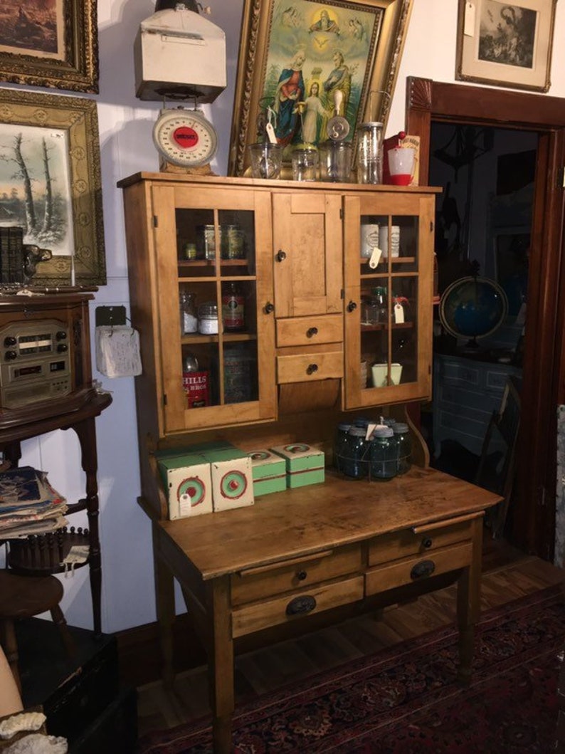 Beautiful Antique Possum Belly Bakers Table Maple Wood Cutting Boards Flour Bins Hutch Lots Of Storage