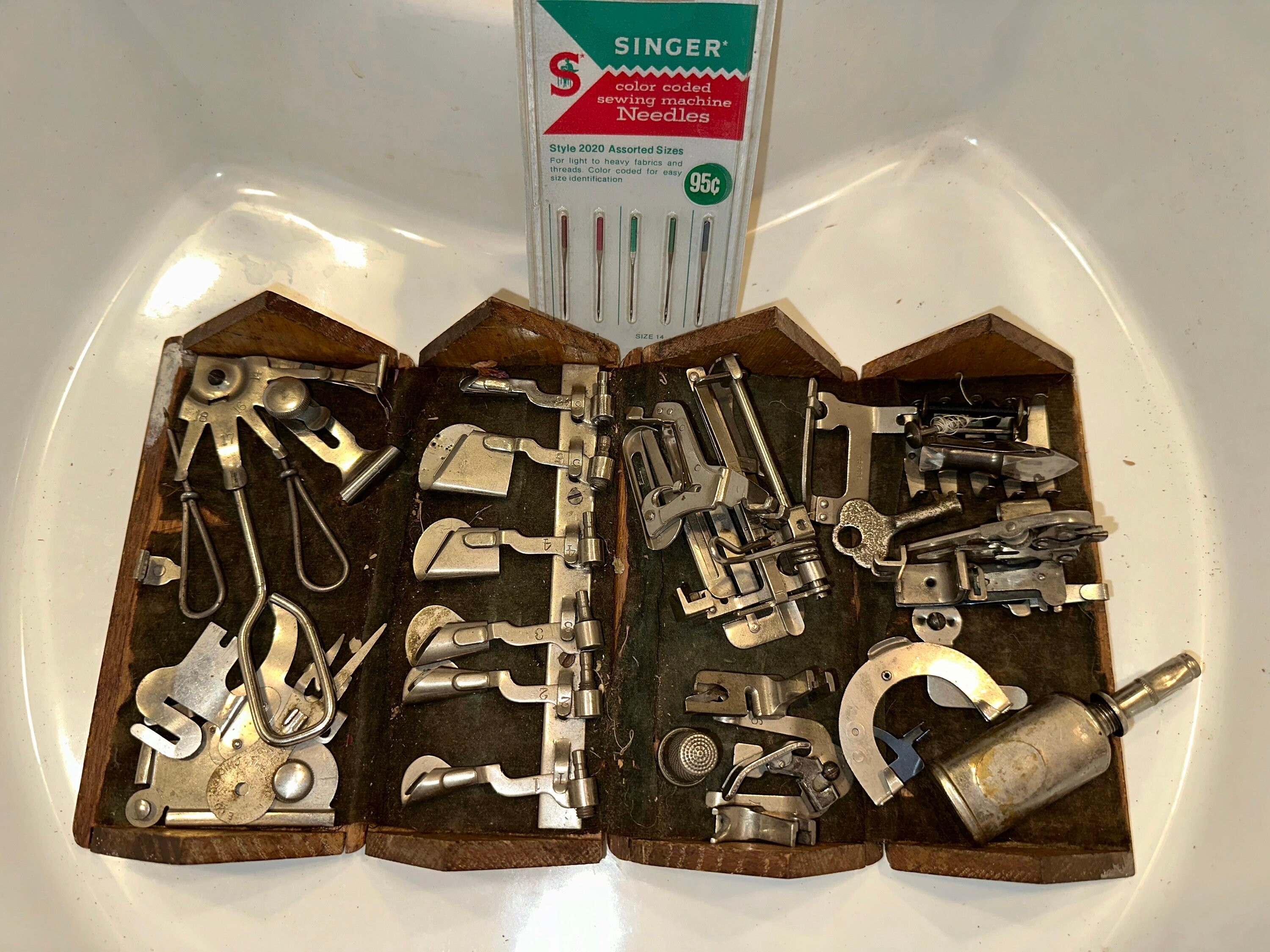 Antique Singer Puzzle Box Assorted Attachments and Bobbin