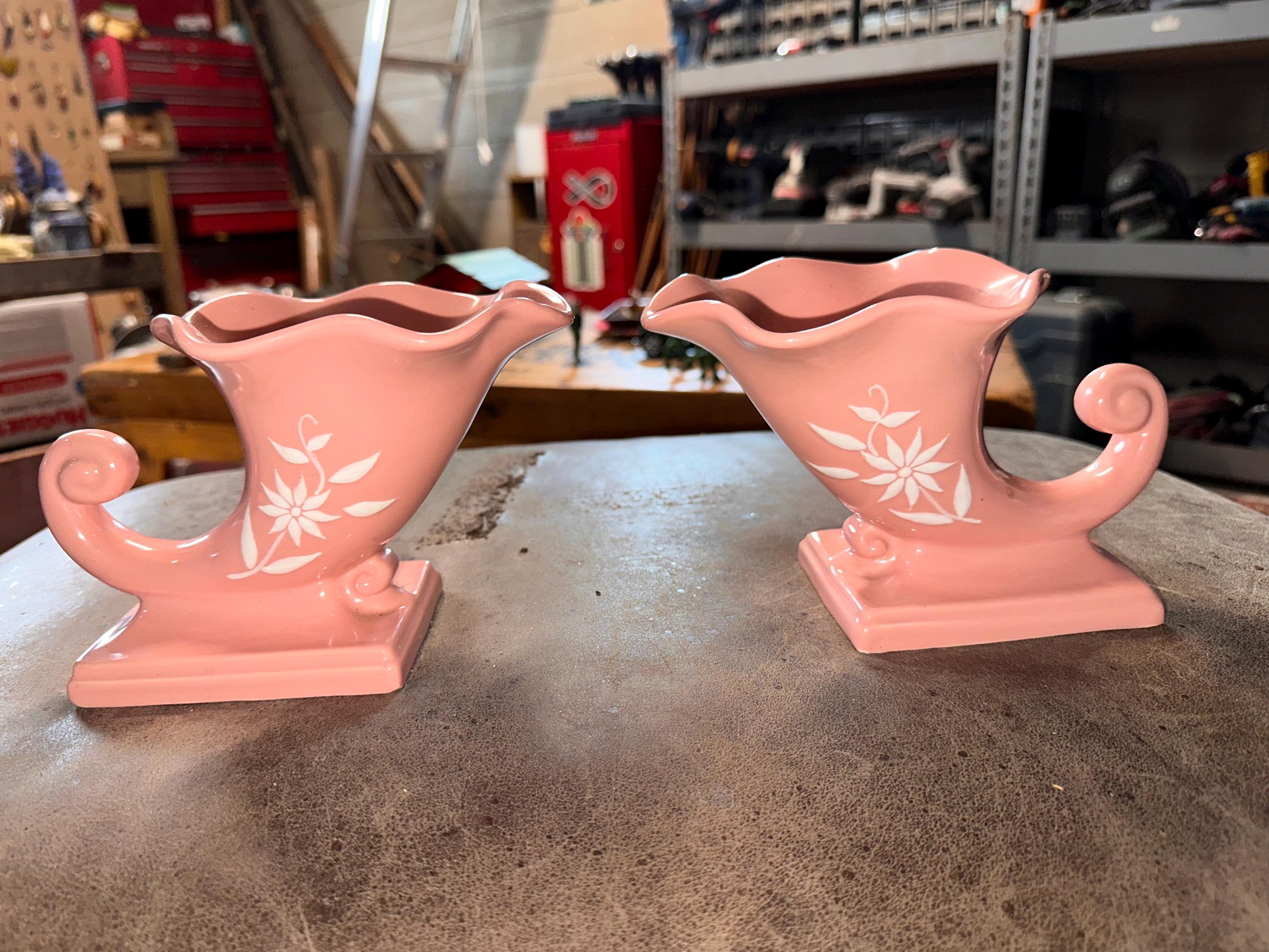 Vtg Set of Mid Century MCM Abingdon Pink With White Flowers
