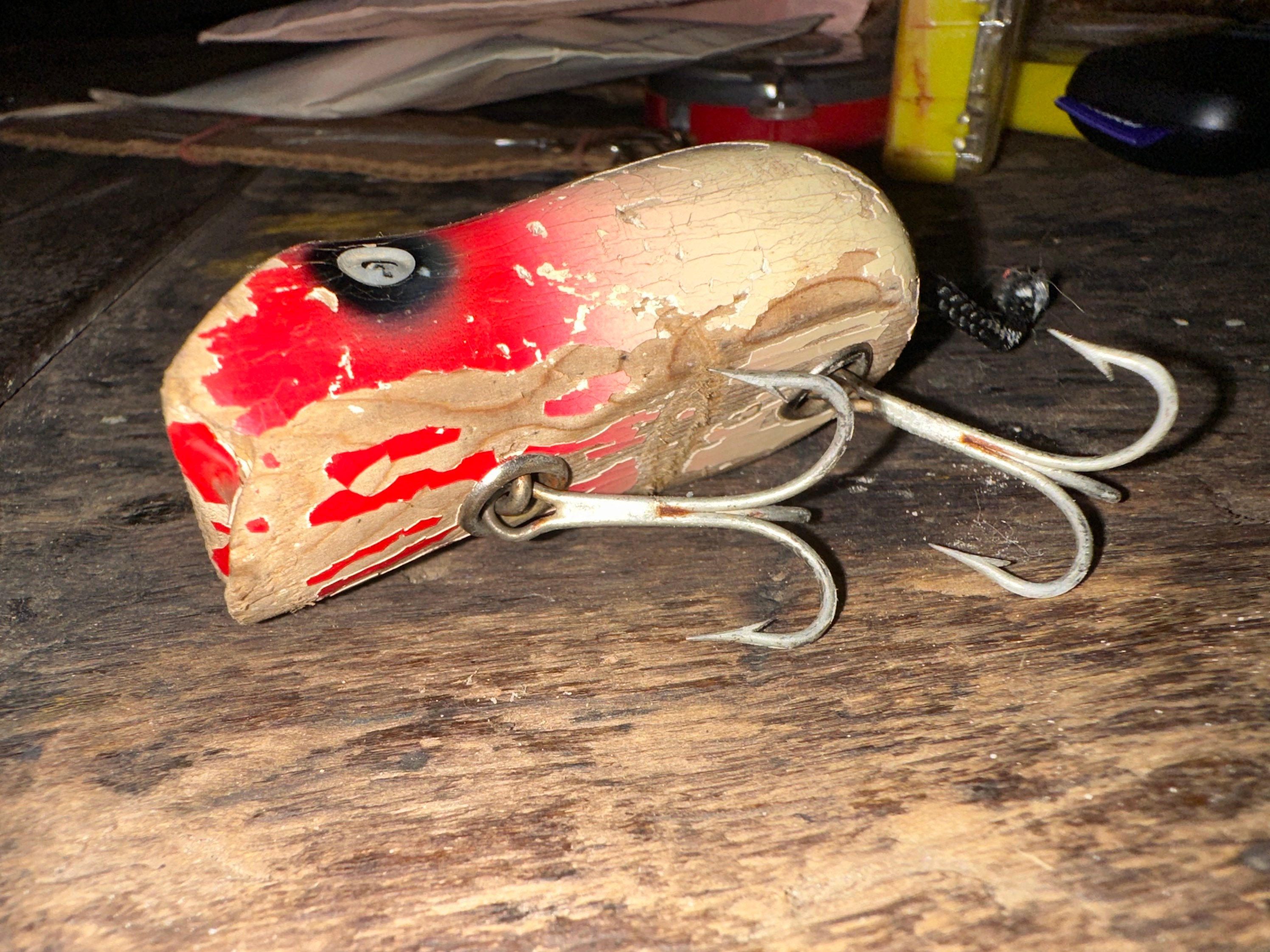 Vintage Wood Mouse Lure in White and Red Color Lure is Vintage Wood Mouse Lure in White and Red Color Lure is