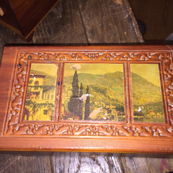 Vintage, Antique Cedar Jewelry, Keepsake Box with Mirror, Ornate With Picture of European Village