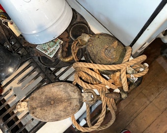 Set of 2 Antique Industrial/Farm/Ship Pulleys with hemp rope