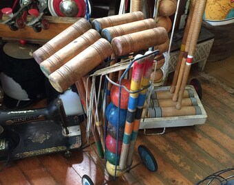 Vintage Six Player Wood Croquet Set With caddy