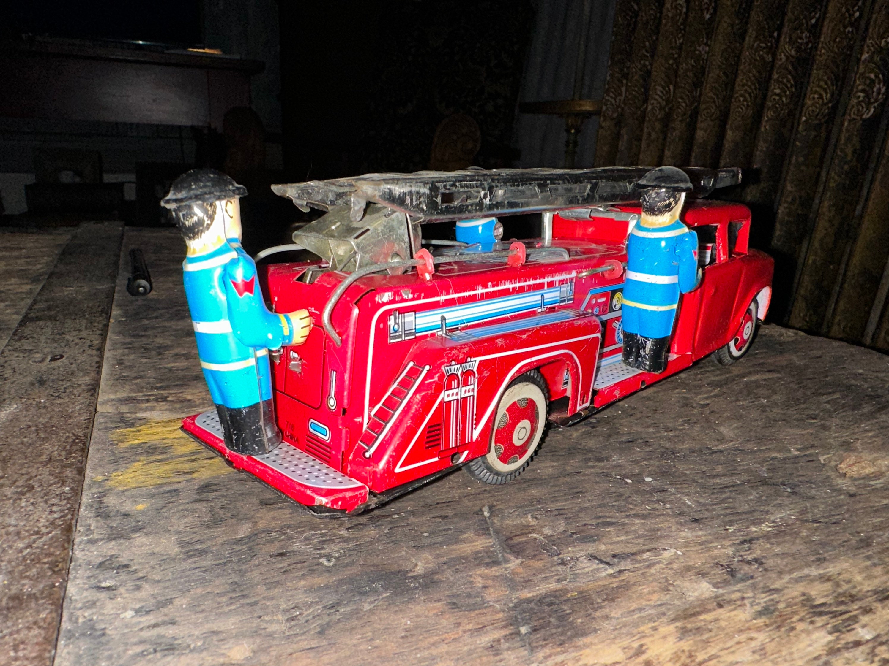 VINTAGE Fire Truck With Siren Friction Toy, Ladder Extends