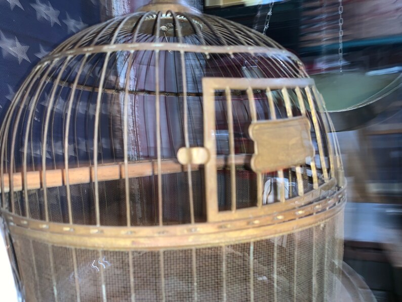May include: A vintage brass birdcage with a wooden perch and a small door. The cage is round and has a wire mesh bottom.