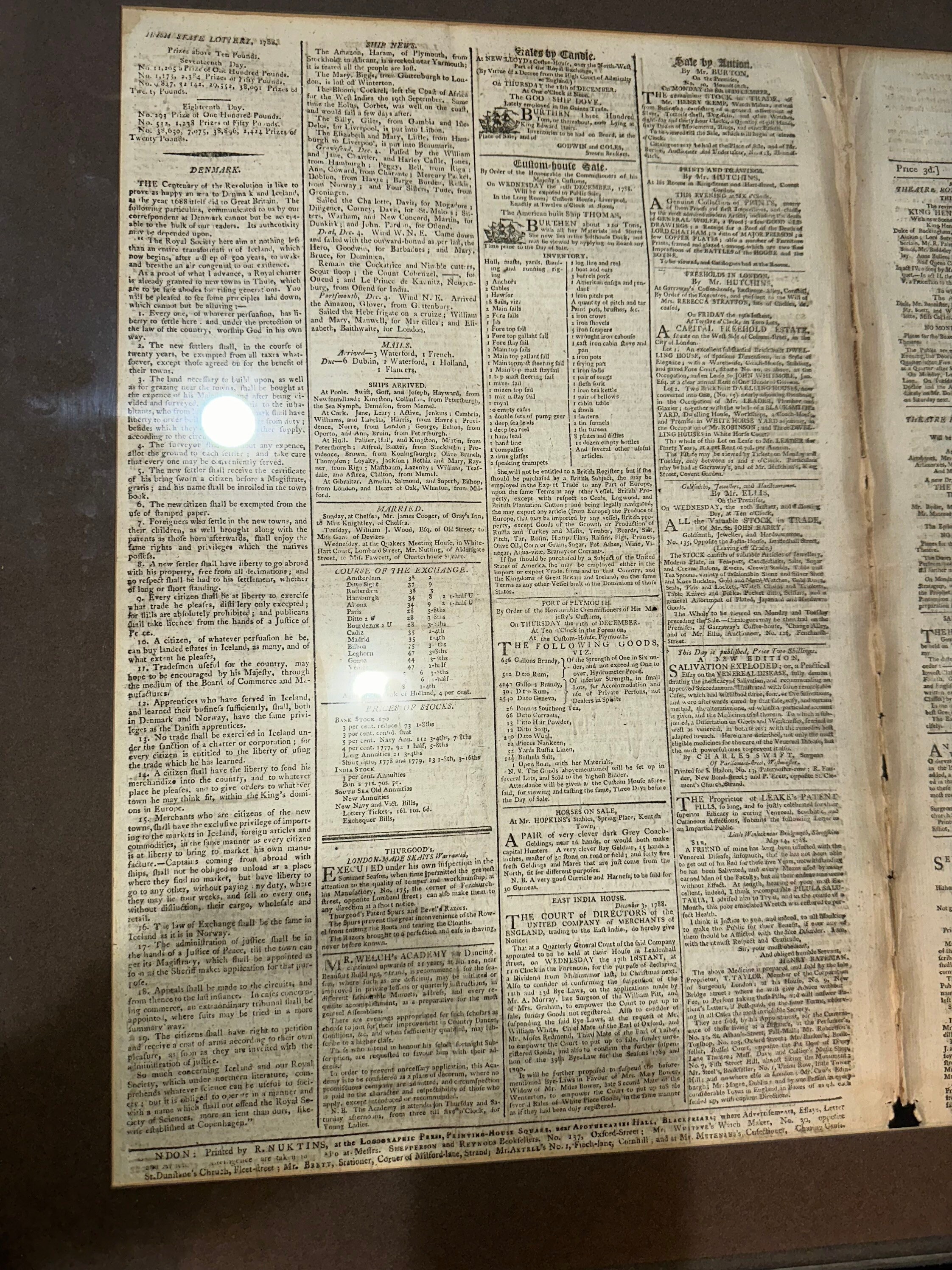 The Times, London Newspaper Dated December 6th 1788, Framed, Very