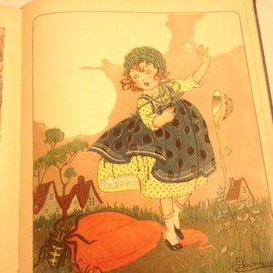 May include: A young girl in a green and white polka dot dress and a green hat is running away from a large spider. The girl is holding a bowl in her hand. The scene is set in a garden with a red and orange flower.