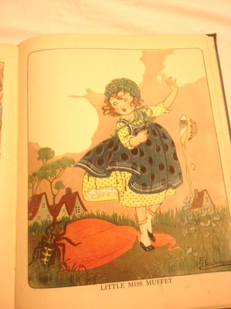 May include: A young girl in a green and white polka dot dress and a green hat is running away from a large spider. The girl is holding a bowl in her hand. The scene is set in a garden with a red and orange flower.
