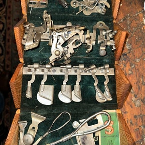 Antique Singer Puzzle Box Assorted Attachments and Bobbin Accessory Kit