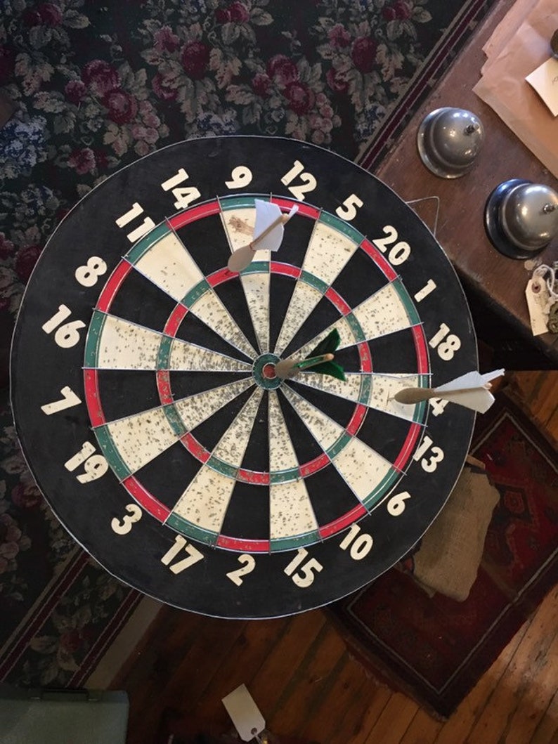 Vintage Full Size Cork Dart Board With Three Wooden Apex Darts Etsy