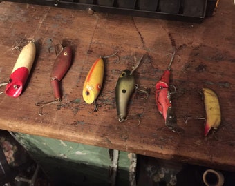 Set of 6 Antique/Vintage Fishing Lures, Tackle, Gear, Freshwater,  Saltwater, Fishing, Folk Art, Handmade, Bait, listing is for set of six