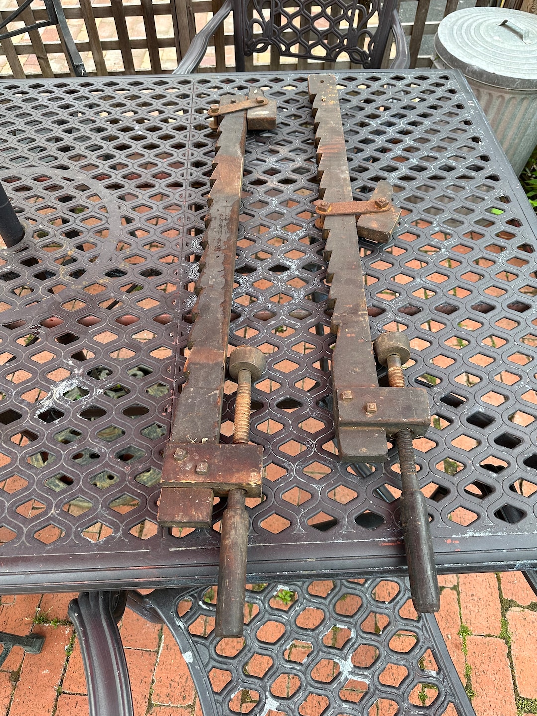 Antique Wood Bar Clamp With Wood Threaded Rods and Handle, Very Good Condition, Approximately 39
