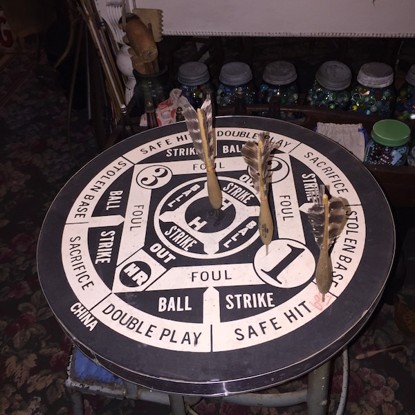 Vintage Full Size Cork Dart Board With Three Wooden Apex Darts