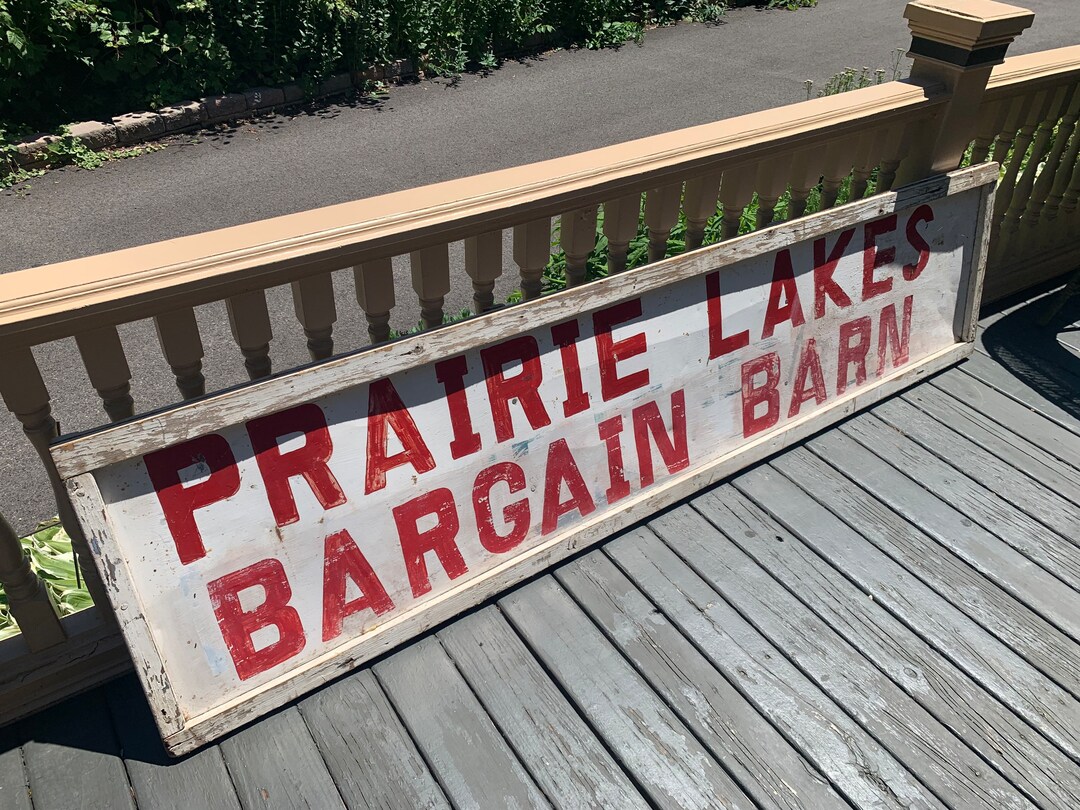 Large Antique, Prairie Lake Bargain Barn Sign, Metal, Painted, Approx 8 X 2, See Shipping