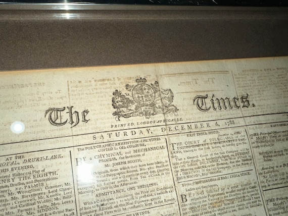 The Times, London Newspaper Dated December 6th 1788, Framed, Very