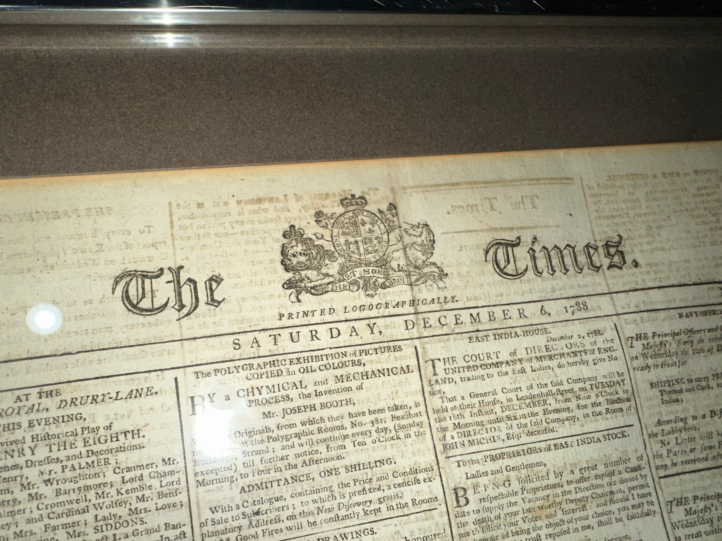 The Times, London Newspaper Dated December 6th 1788, Framed, Very