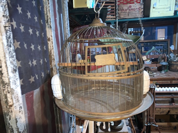 Antique Small Wire Bird Cage, Gold Wire and Metal, With Tray, Glass Feeder And Water, Approx 12" Round 12" tall