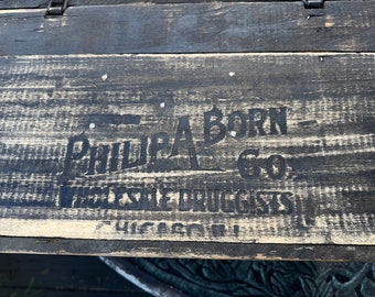 Original Philip A Born wood Crate Wholesale Druggists, Chicago, Illinois, Wood Crate